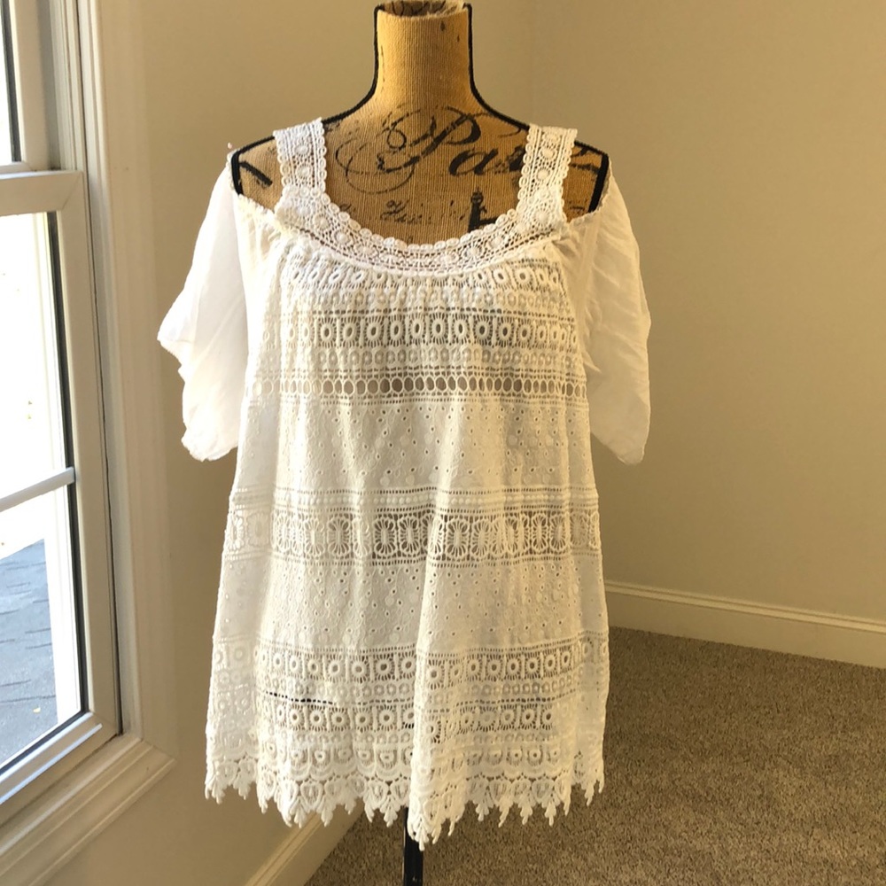 White eyelet lacy cold shoulder  blouse